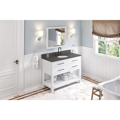 Hardware Resources Jeffrey Alexander Wavecrest 48" White Freestanding Vanity With Gray Quartz Vanity Top, Backsplash and Oval Undermount Sink