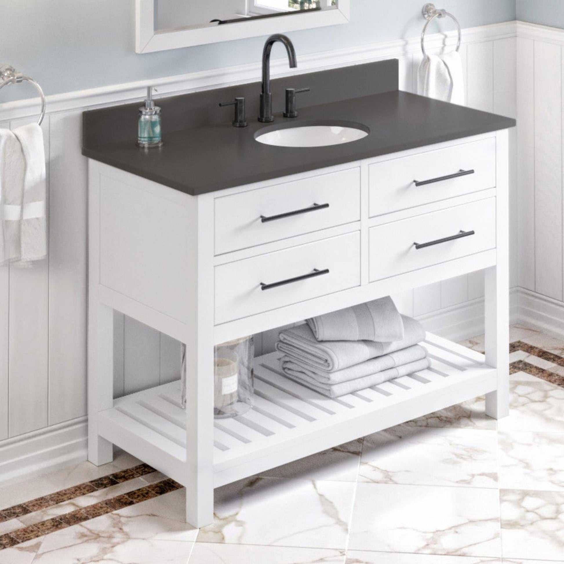 Hardware Resources Jeffrey Alexander Wavecrest 48" White Freestanding Vanity With Gray Quartz Vanity Top, Backsplash and Oval Undermount Sink