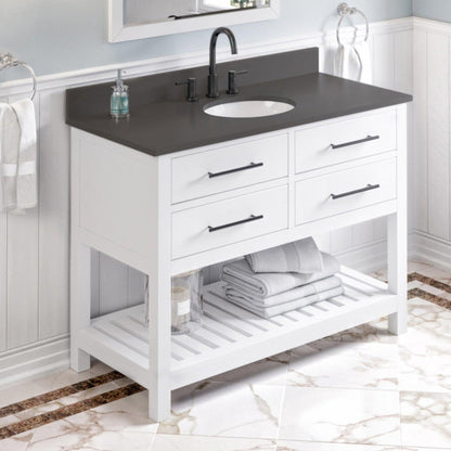 Hardware Resources Jeffrey Alexander Wavecrest 48" White Freestanding Vanity With Gray Quartz Vanity Top, Backsplash and Oval Undermount Sink