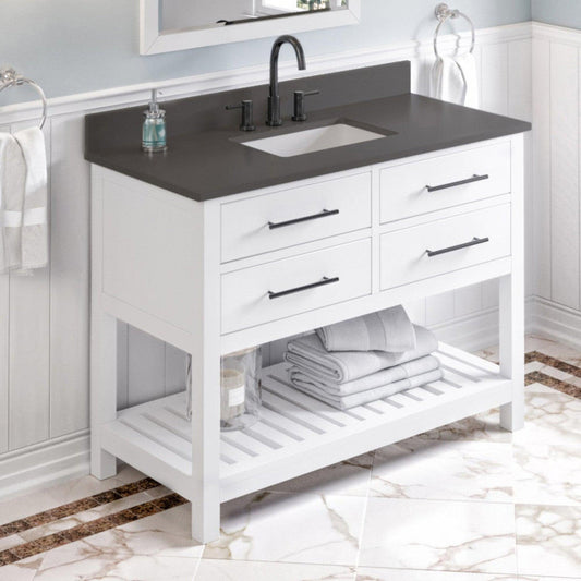 Hardware Resources Jeffrey Alexander Wavecrest 48" White Freestanding Vanity With Gray Quartz Vanity Top, Backsplash and Rectangle Undermount Sink