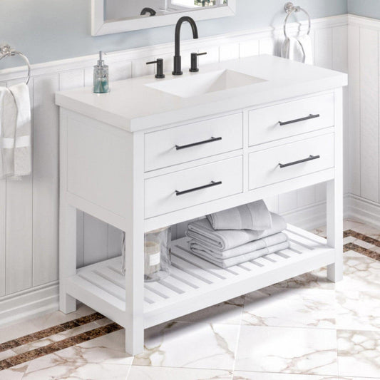 Hardware Resources Jeffrey Alexander Wavecrest 48" White Freestanding Vanity With Lavante Cultured Marble Vessel Vanity Top, Backsplash and Rectangle Undermount Sink