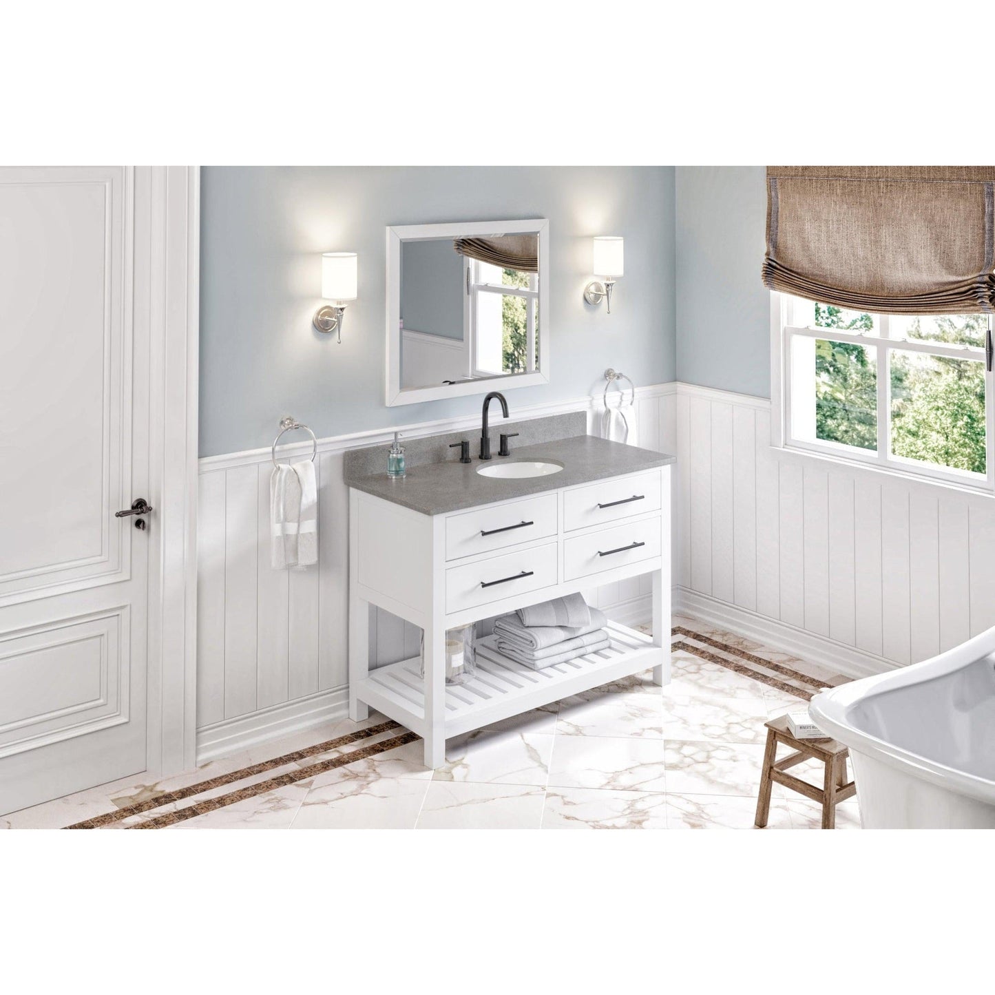 Hardware Resources Jeffrey Alexander Wavecrest 48" White Freestanding Vanity With Steel Gray Cultured Marble Vanity Top, Backsplash and Oval Undermount Sink