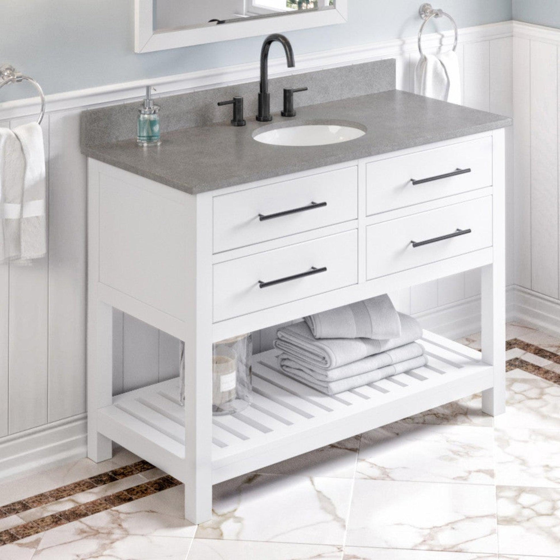 Hardware Resources Jeffrey Alexander Wavecrest 48" White Freestanding Vanity With Steel Gray Cultured Marble Vanity Top, Backsplash and Oval Undermount Sink