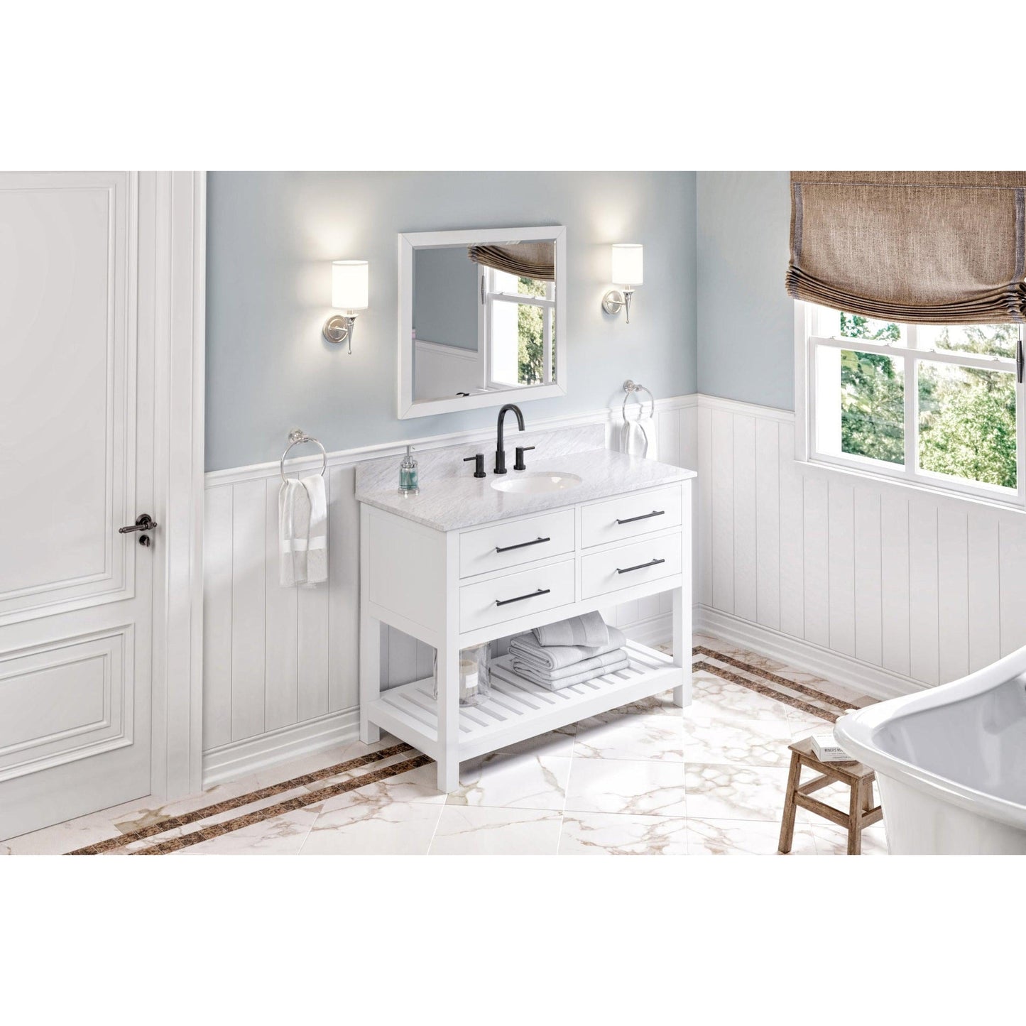 Hardware Resources Jeffrey Alexander Wavecrest 48" White Freestanding Vanity With White Carrara Marble Vanity Top, Backsplash and Oval Undermount Sink