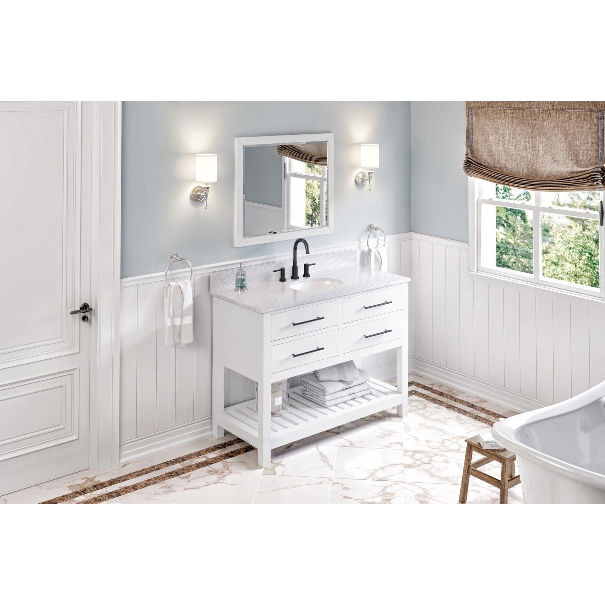 Hardware Resources Jeffrey Alexander Wavecrest 48" White Freestanding Vanity With White Carrara Marble Vanity Top, Backsplash and Oval Undermount Sink