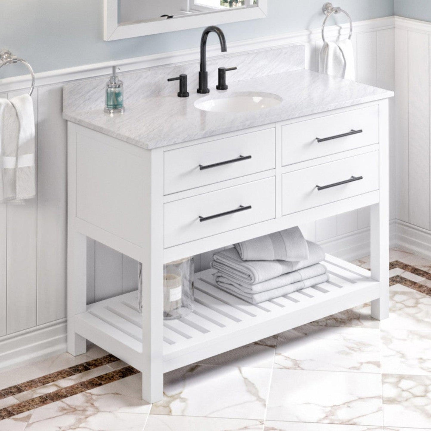 Hardware Resources Jeffrey Alexander Wavecrest 48" White Freestanding Vanity With White Carrara Marble Vanity Top, Backsplash and Oval Undermount Sink