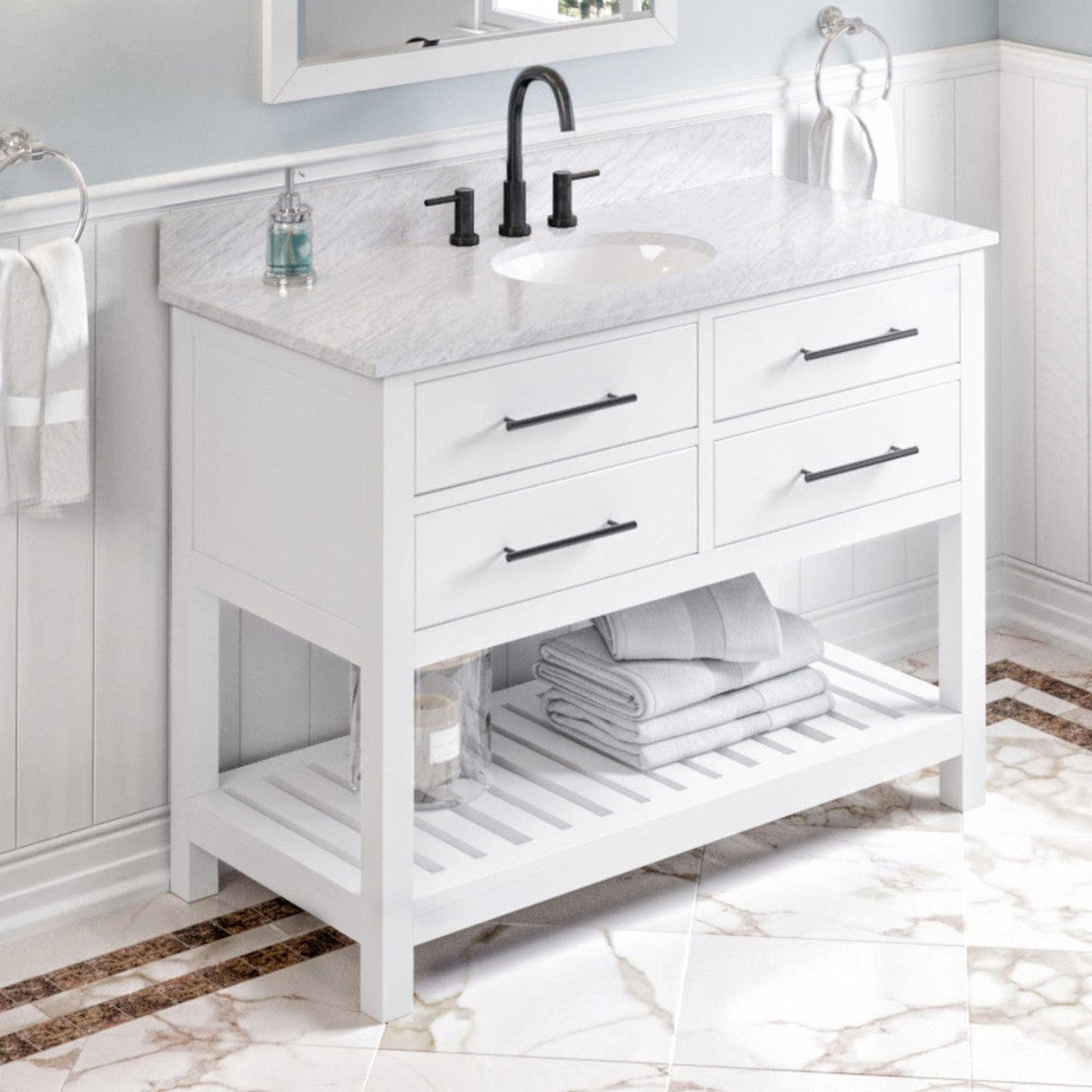 Hardware Resources Jeffrey Alexander Wavecrest 48" White Freestanding Vanity With White Carrara Marble Vanity Top, Backsplash and Oval Undermount Sink