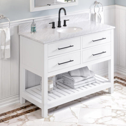 Hardware Resources Jeffrey Alexander Wavecrest 48" White Freestanding Vanity With White Carrara Marble Vanity Top, Backsplash and Oval Undermount Sink