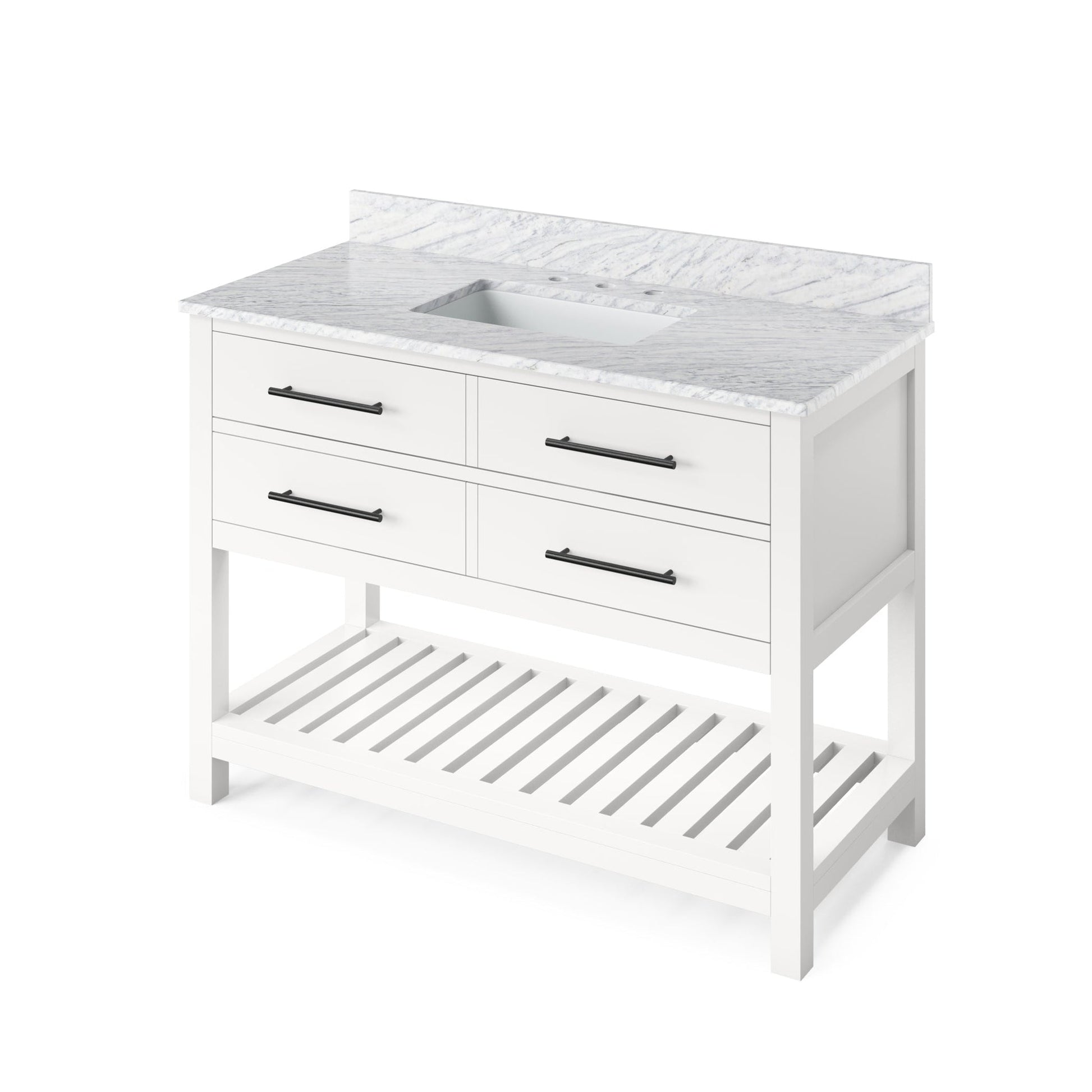 Hardware Resources Jeffrey Alexander Wavecrest 48" White Freestanding Vanity With White Carrara Marble Vanity Top, Backsplash and Rectangle Undermount Sink