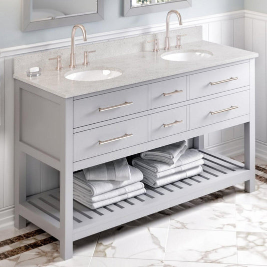 Hardware Resources Jeffrey Alexander Wavecrest 60" Gray Freestanding Vanity With Double Bowl, Arctic Stone Cultured Marble Vanity Top, Backsplash and Oval Undermount Sink
