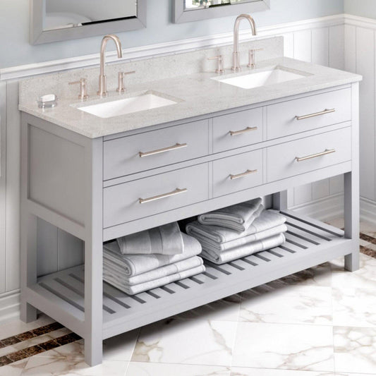 Hardware Resources Jeffrey Alexander Wavecrest 60" Gray Freestanding Vanity With Double Bowl, Arctic Stone Cultured Marble Vanity Top, Backsplash and Rectangle Undermount Sink