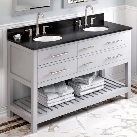 Hardware Resources Jeffrey Alexander Wavecrest 60" Gray Freestanding Vanity With Double Bowl, Black Granite Vanity Top, Backsplash and Oval Undermount Sink