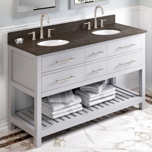 Hardware Resources Jeffrey Alexander Wavecrest 60" Gray Freestanding Vanity With Double Bowl, Blue Limestone Vanity Top, Backsplash and Oval Undermount Sink
