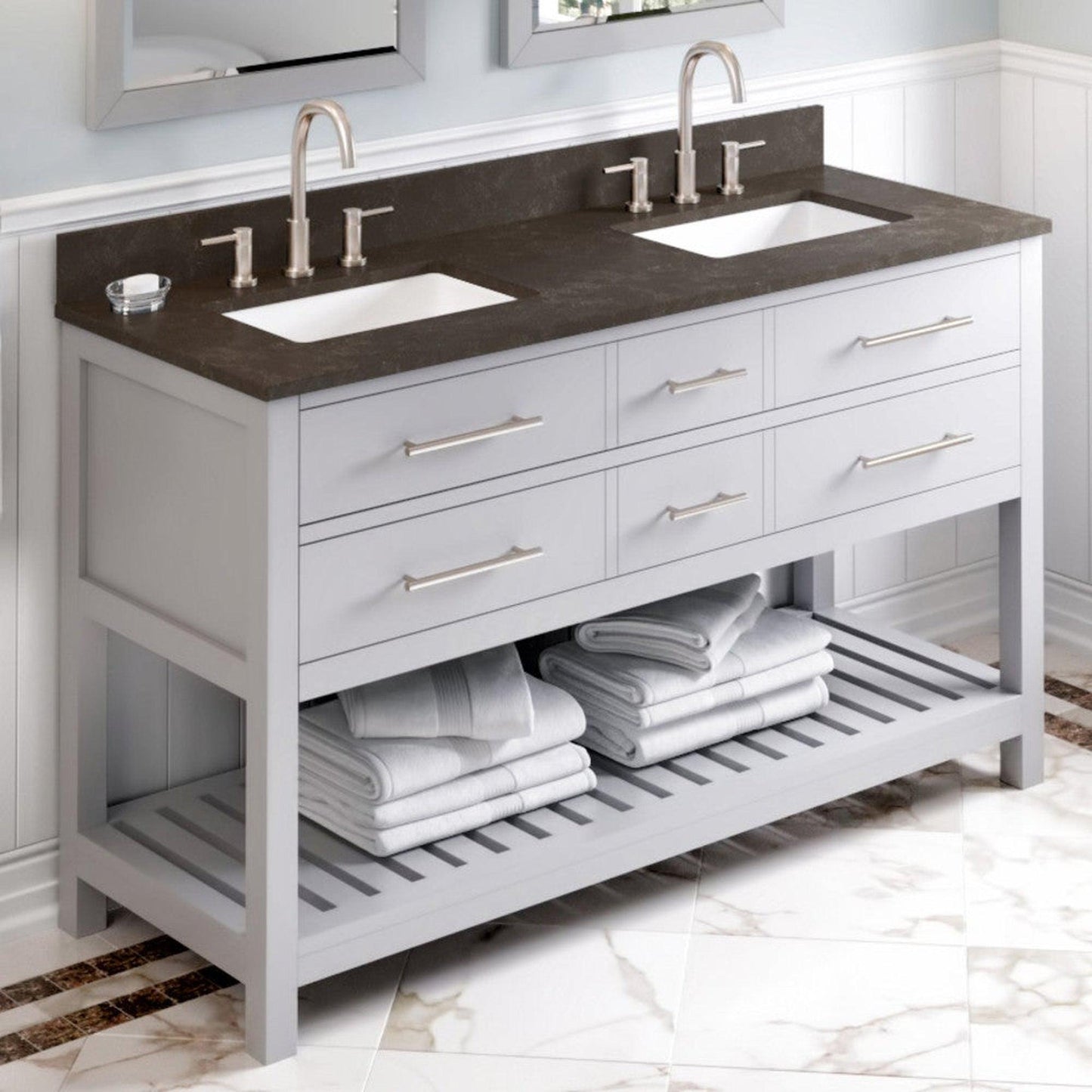 Hardware Resources Jeffrey Alexander Wavecrest 60" Gray Freestanding Vanity With Double Bowl, Blue Limestone Vanity Top, Backsplash and Rectangle Undermount Sink