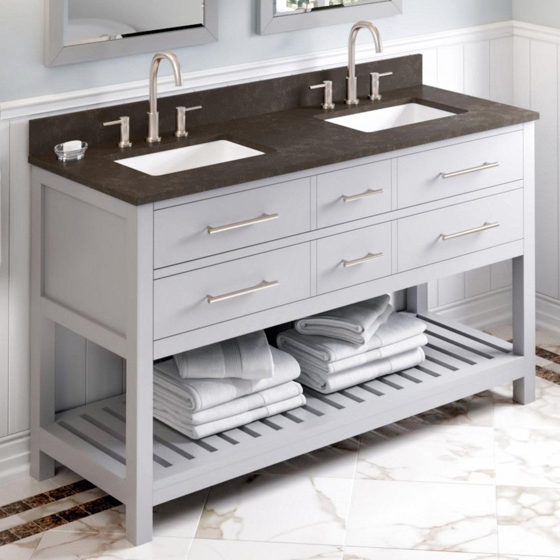 Hardware Resources Jeffrey Alexander Wavecrest 60" Gray Freestanding Vanity With Double Bowl, Blue Limestone Vanity Top, Backsplash and Rectangle Undermount Sink