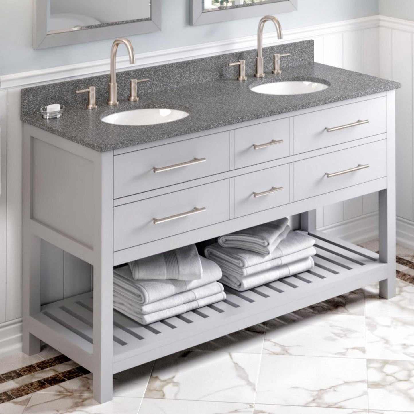 Hardware Resources Jeffrey Alexander Wavecrest 60" Gray Freestanding Vanity With Double Bowl, Boulder Cultured Marble Vanity Top, Backsplash and Oval Undermount Sink