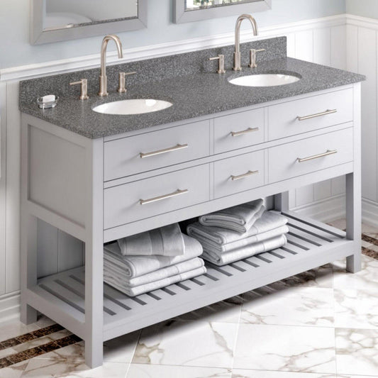 Hardware Resources Jeffrey Alexander Wavecrest 60" Gray Freestanding Vanity With Double Bowl, Boulder Cultured Marble Vanity Top, Backsplash and Oval Undermount Sink