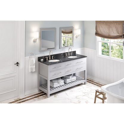 Hardware Resources Jeffrey Alexander Wavecrest 60" Gray Freestanding Vanity With Double Bowl, Calacatta Black Quartz Vanity Top, Backsplash and Oval Undermount Sink
