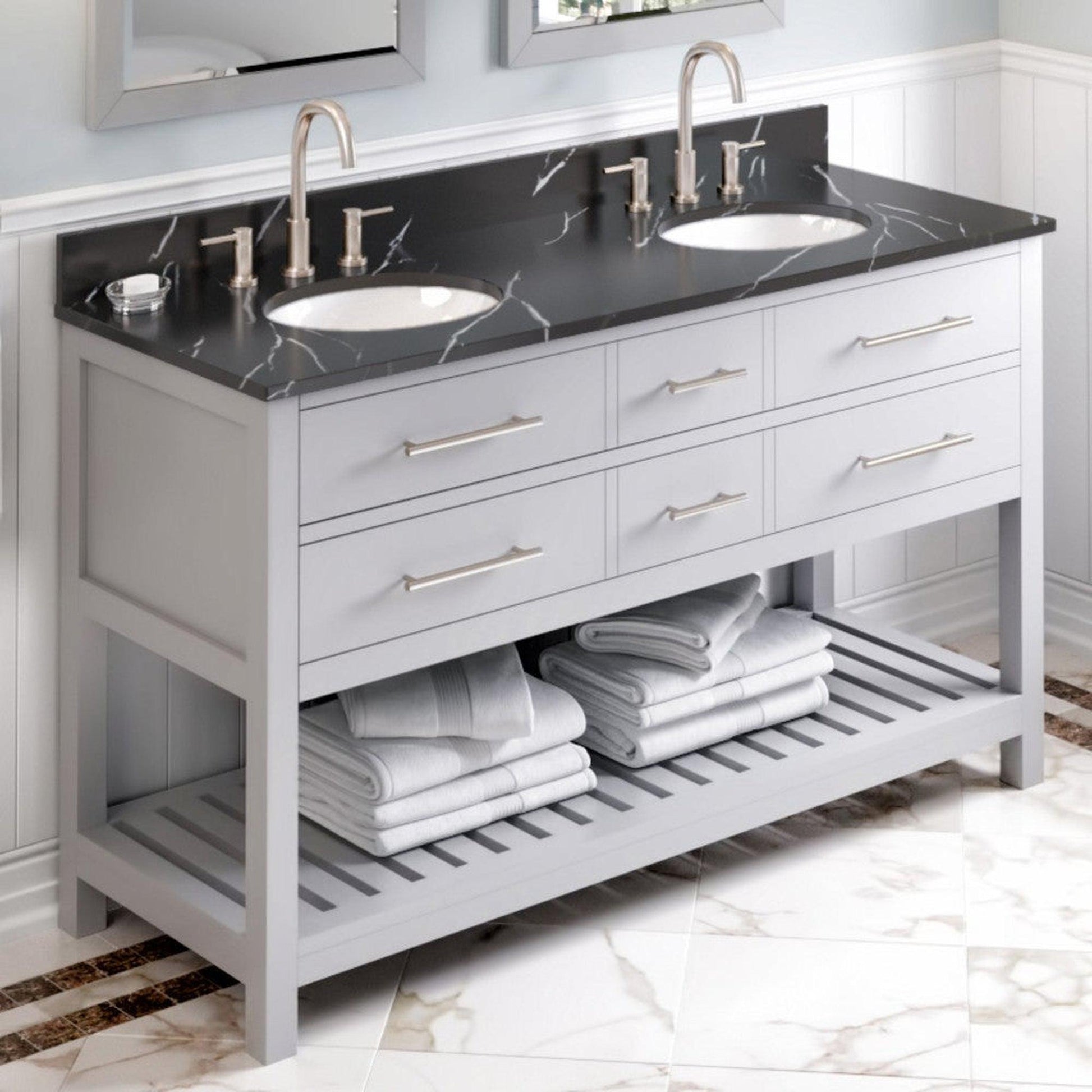 Hardware Resources Jeffrey Alexander Wavecrest 60" Gray Freestanding Vanity With Double Bowl, Calacatta Black Quartz Vanity Top, Backsplash and Oval Undermount Sink