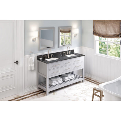 Hardware Resources Jeffrey Alexander Wavecrest 60" Gray Freestanding Vanity With Double Bowl, Calacatta Black Quartz Vanity Top, Backsplash and Rectangle Undermount Sink