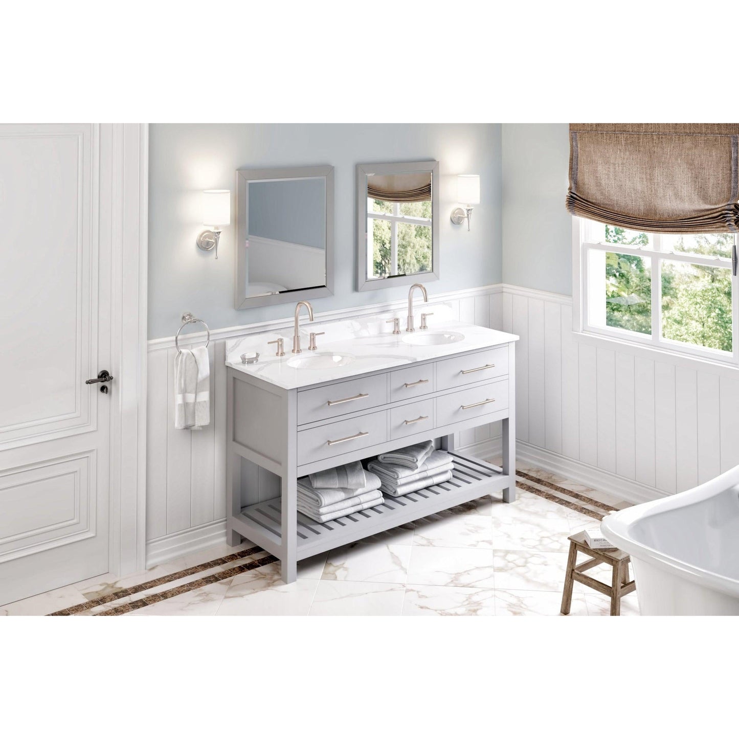 Hardware Resources Jeffrey Alexander Wavecrest 60" Gray Freestanding Vanity With Double Bowl, Calacatta Vienna Quartz Vanity Top, Backsplash and Oval Undermount Sink