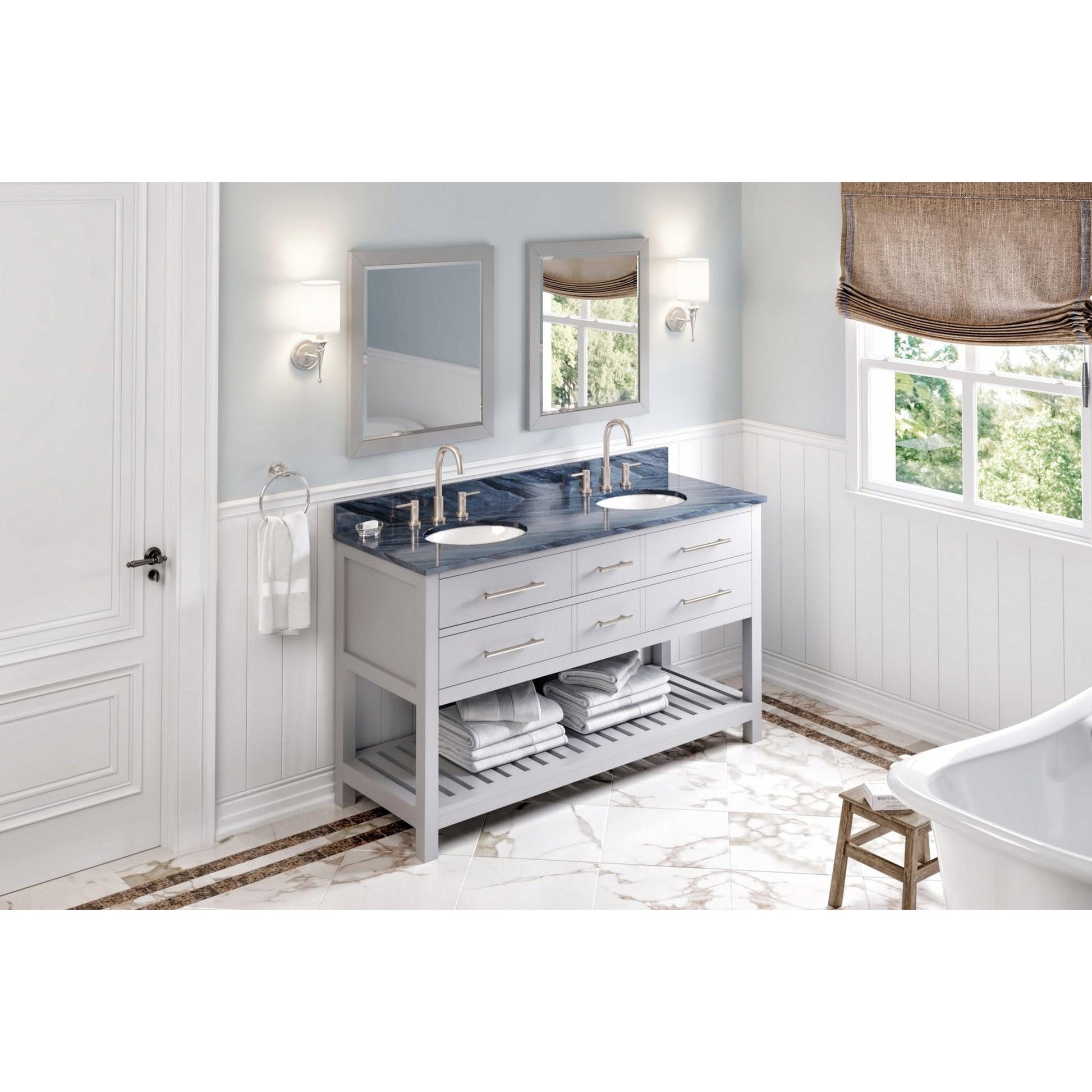 Hardware Resources Jeffrey Alexander Wavecrest 60" Gray Freestanding Vanity With Double Bowl, Gray Marble Vanity Top, Backsplash and Oval Undermount Sink