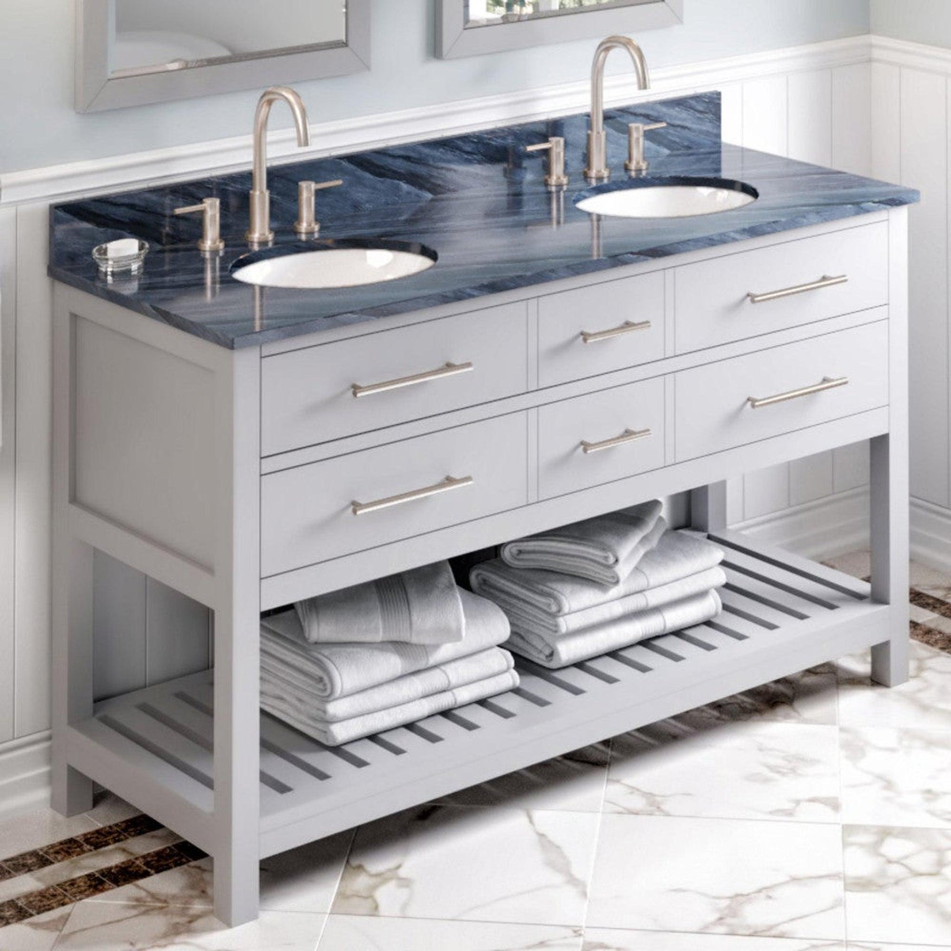 Hardware Resources Jeffrey Alexander Wavecrest 60" Gray Freestanding Vanity With Double Bowl, Gray Marble Vanity Top, Backsplash and Oval Undermount Sink