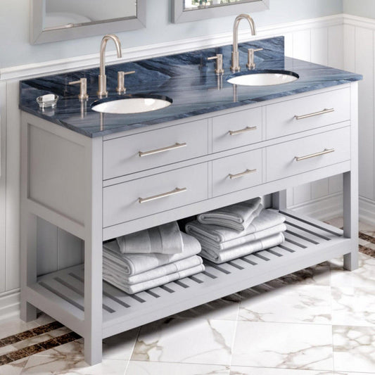 Hardware Resources Jeffrey Alexander Wavecrest 60" Gray Freestanding Vanity With Double Bowl, Gray Marble Vanity Top, Backsplash and Oval Undermount Sink