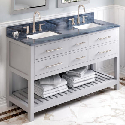 Hardware Resources Jeffrey Alexander Wavecrest 60" Gray Freestanding Vanity With Double Bowl, Gray Marble Vanity Top, Backsplash and Rectangle Undermount Sink