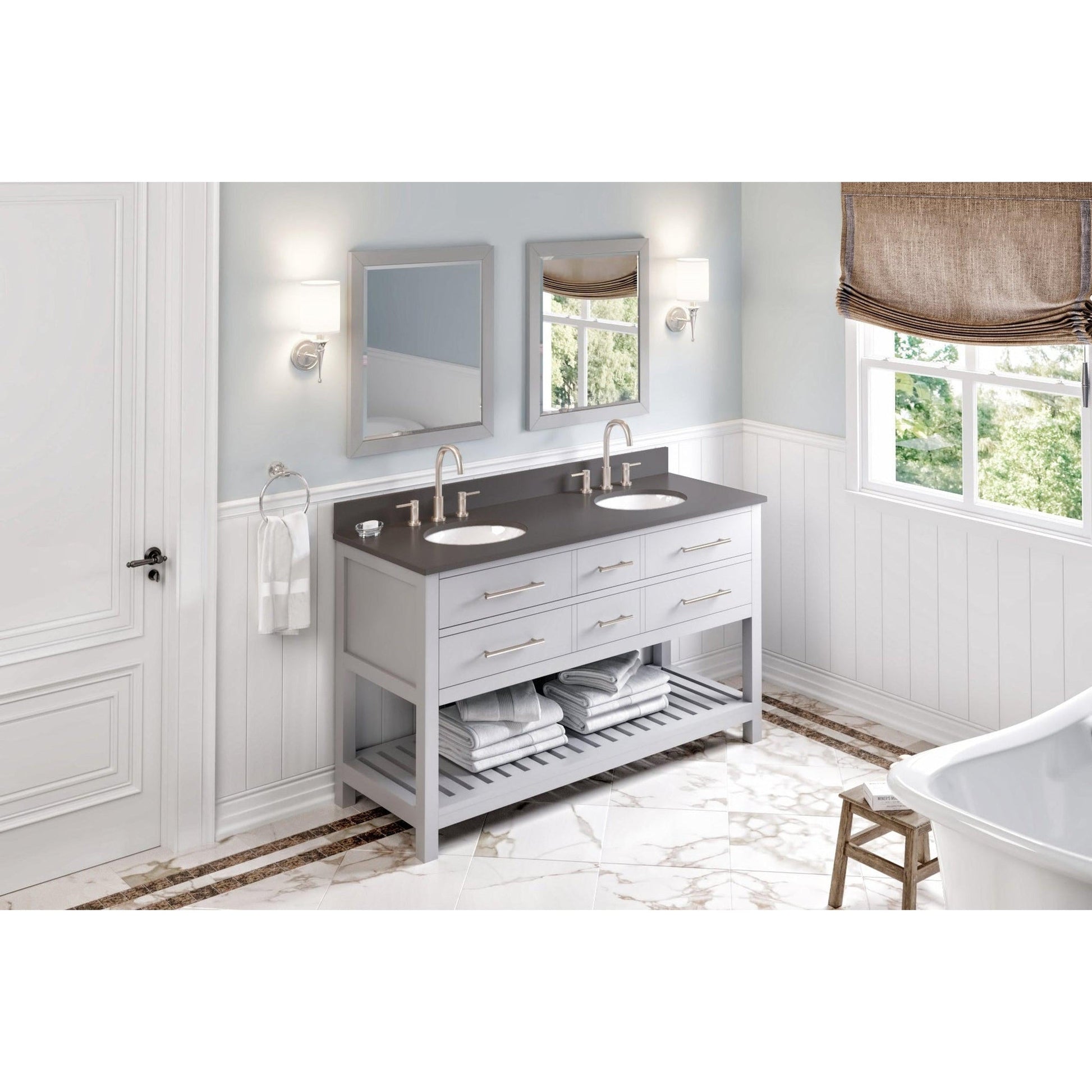 Hardware Resources Jeffrey Alexander Wavecrest 60" Gray Freestanding Vanity With Double Bowl, Gray Quartz Vanity Top, Backsplash and Oval Undermount Sink