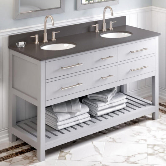 Hardware Resources Jeffrey Alexander Wavecrest 60" Gray Freestanding Vanity With Double Bowl, Gray Quartz Vanity Top, Backsplash and Oval Undermount Sink
