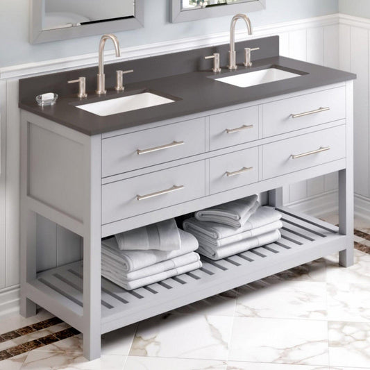 Hardware Resources Jeffrey Alexander Wavecrest 60" Gray Freestanding Vanity With Double Bowl, Gray Quartz Vanity Top, Backsplash and Rectangle Undermount Sink