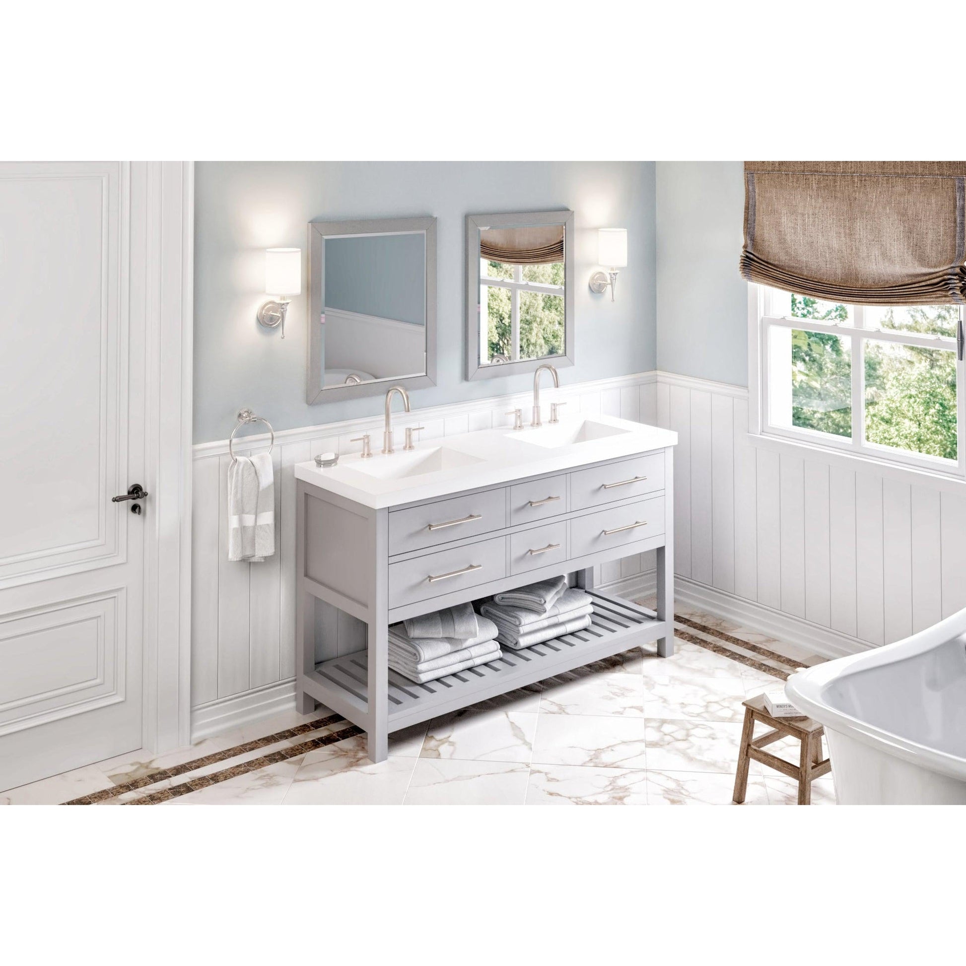 Hardware Resources Jeffrey Alexander Wavecrest 60" Gray Freestanding Vanity With Double Bowl, Lavante Cultured Marble Vessel Vanity Top, Backsplash and Rectangle Undermount Sink