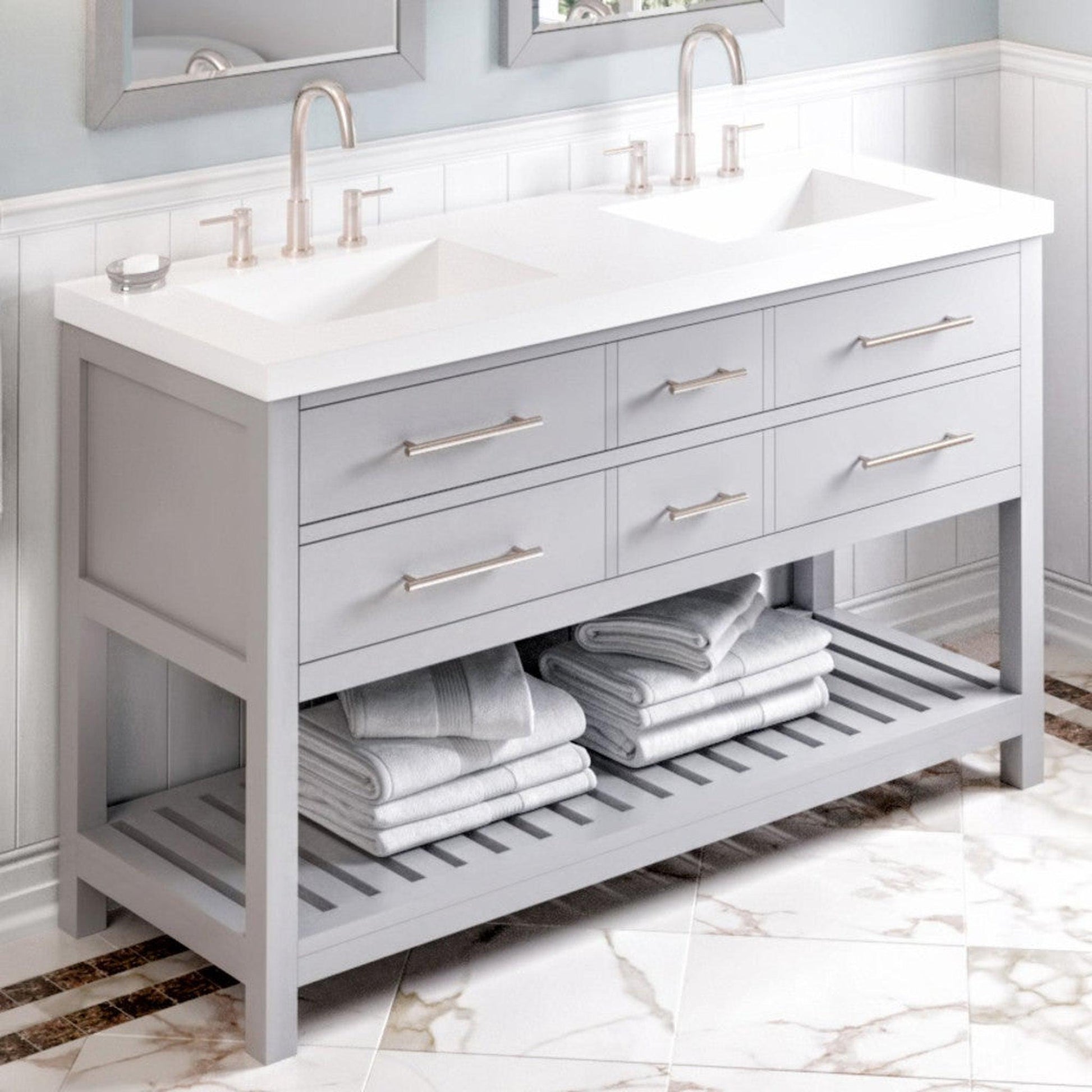 Hardware Resources Jeffrey Alexander Wavecrest 60" Gray Freestanding Vanity With Double Bowl, Lavante Cultured Marble Vessel Vanity Top, Backsplash and Rectangle Undermount Sink