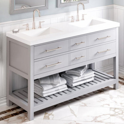 Hardware Resources Jeffrey Alexander Wavecrest 60" Gray Freestanding Vanity With Double Bowl, Lavante Cultured Marble Vessel Vanity Top, Backsplash and Rectangle Undermount Sink