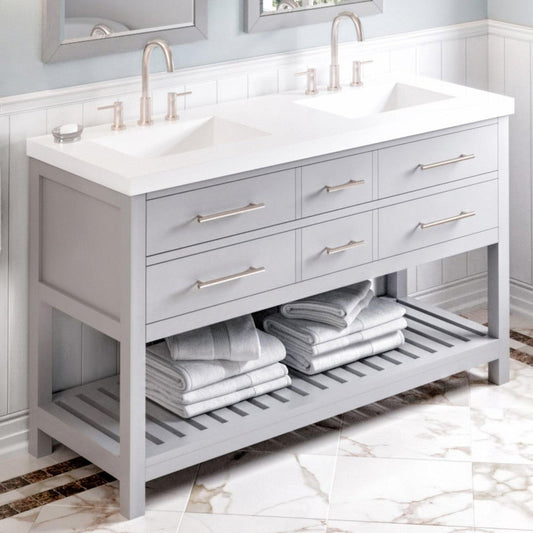 Hardware Resources Jeffrey Alexander Wavecrest 60" Gray Freestanding Vanity With Double Bowl, Lavante Cultured Marble Vessel Vanity Top, Backsplash and Rectangle Undermount Sink