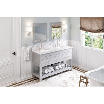 Hardware Resources Jeffrey Alexander Wavecrest 60" Gray Freestanding Vanity With Double Bowl, White Carrara Marble Vanity Top, Backsplash and Oval Undermount Sink