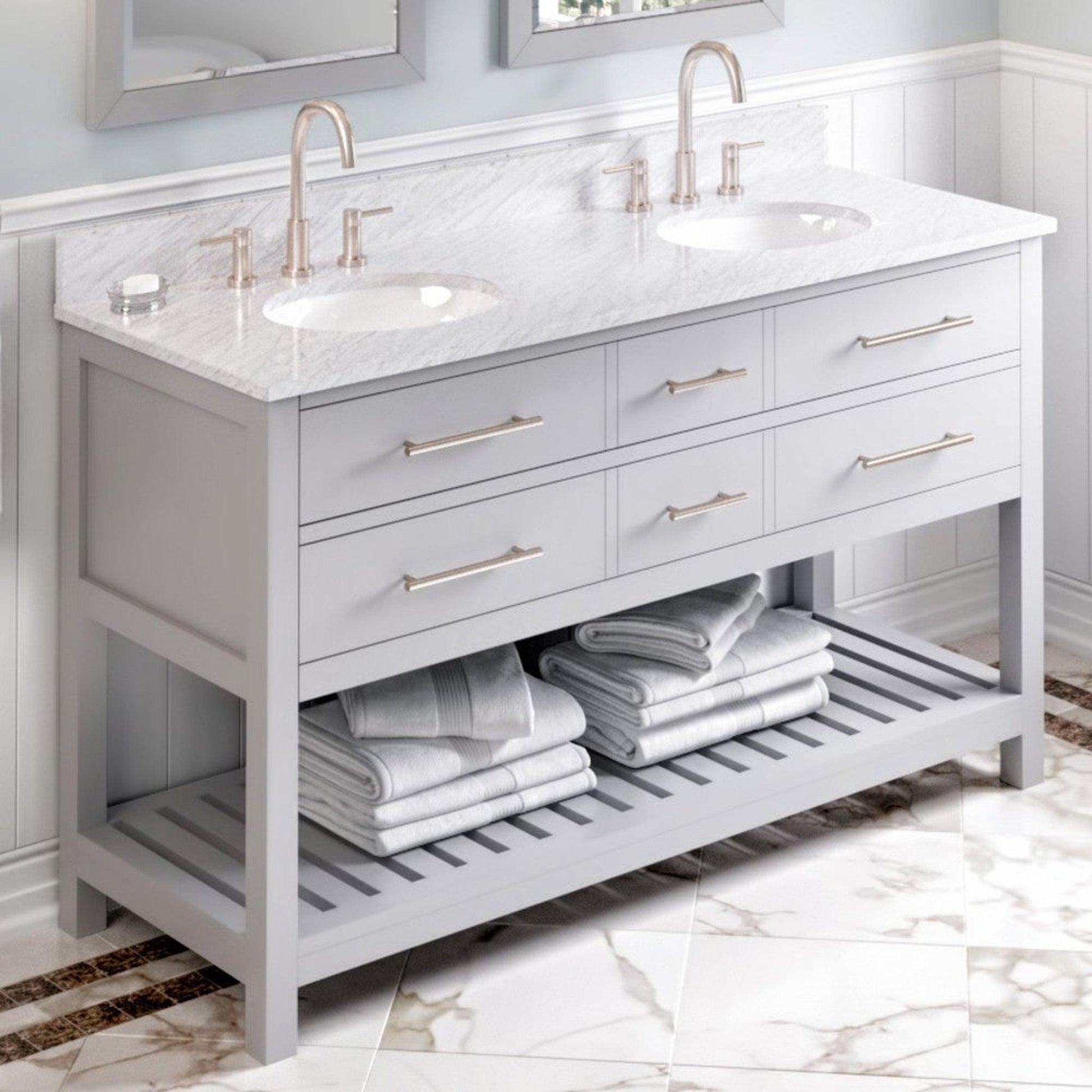 Hardware Resources Jeffrey Alexander Wavecrest 60" Gray Freestanding Vanity With Double Bowl, White Carrara Marble Vanity Top, Backsplash and Oval Undermount Sink