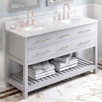 Hardware Resources Jeffrey Alexander Wavecrest 60" Gray Freestanding Vanity With Double Bowl, White Carrara Marble Vanity Top, Backsplash and Oval Undermount Sink