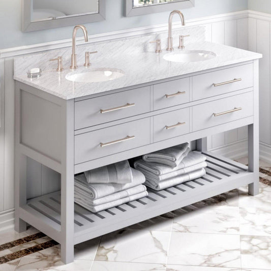 Hardware Resources Jeffrey Alexander Wavecrest 60" Gray Freestanding Vanity With Double Bowl, White Carrara Marble Vanity Top, Backsplash and Oval Undermount Sink