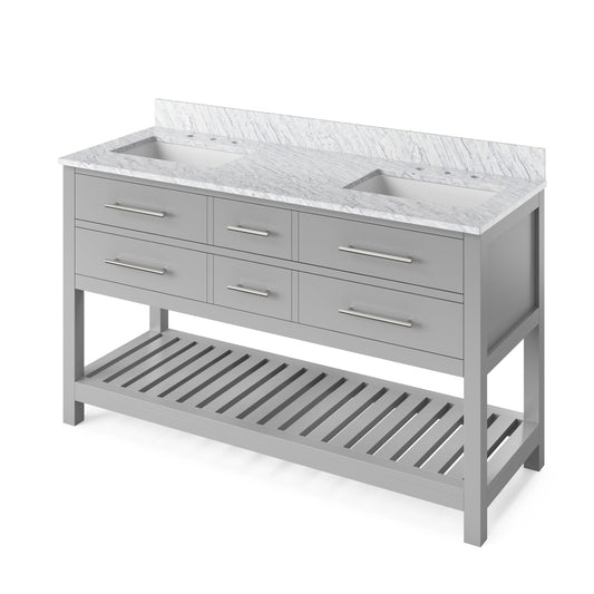 Hardware Resources Jeffrey Alexander Wavecrest 60" Gray Freestanding Vanity With Double Bowl, White Carrara Marble Vanity Top, Backsplash and Rectangle Undermount Sink