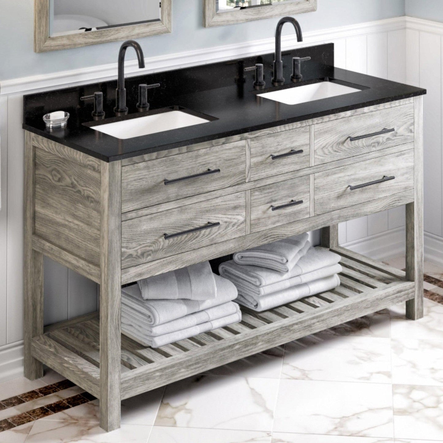 Hardware Resources Jeffrey Alexander Wavecrest 60" Weathered Grey Freestanding Vanity With Black Granite Vanity Top, Backsplash and Two Rectangle Undermount Sinks