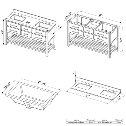 Hardware Resources Jeffrey Alexander Wavecrest 60" Weathered Grey Freestanding Vanity With Calacatta Vienna Quartz Vanity Top, Backsplash and Two Rectangle Undermount Sinks