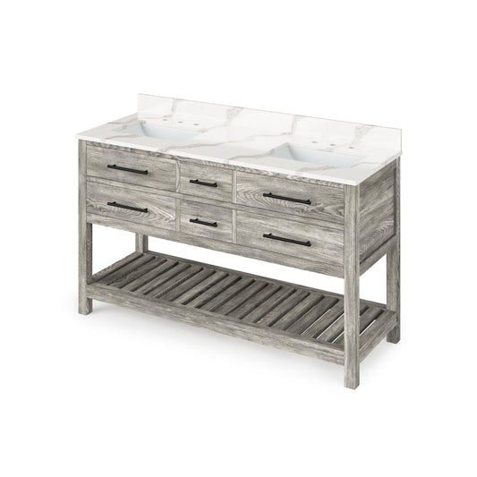 Hardware Resources Jeffrey Alexander Wavecrest 60" Weathered Grey Freestanding Vanity With Calacatta Vienna Quartz Vanity Top, Backsplash and Two Rectangle Undermount Sinks