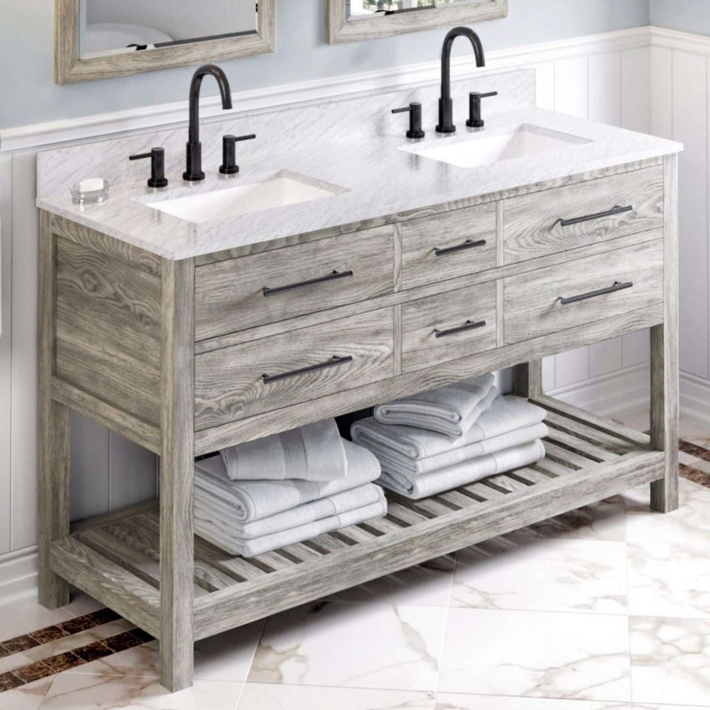 Hardware Resources Jeffrey Alexander Wavecrest 60" Weathered Grey Freestanding Vanity With White Carrara Marble Vanity Top, Backsplash and Two Rectangle Undermount Sinks