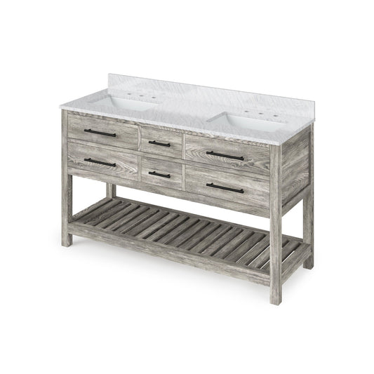 Hardware Resources Jeffrey Alexander Wavecrest 60" Weathered Grey Freestanding Vanity With White Carrara Marble Vanity Top, Backsplash and Two Rectangle Undermount Sinks