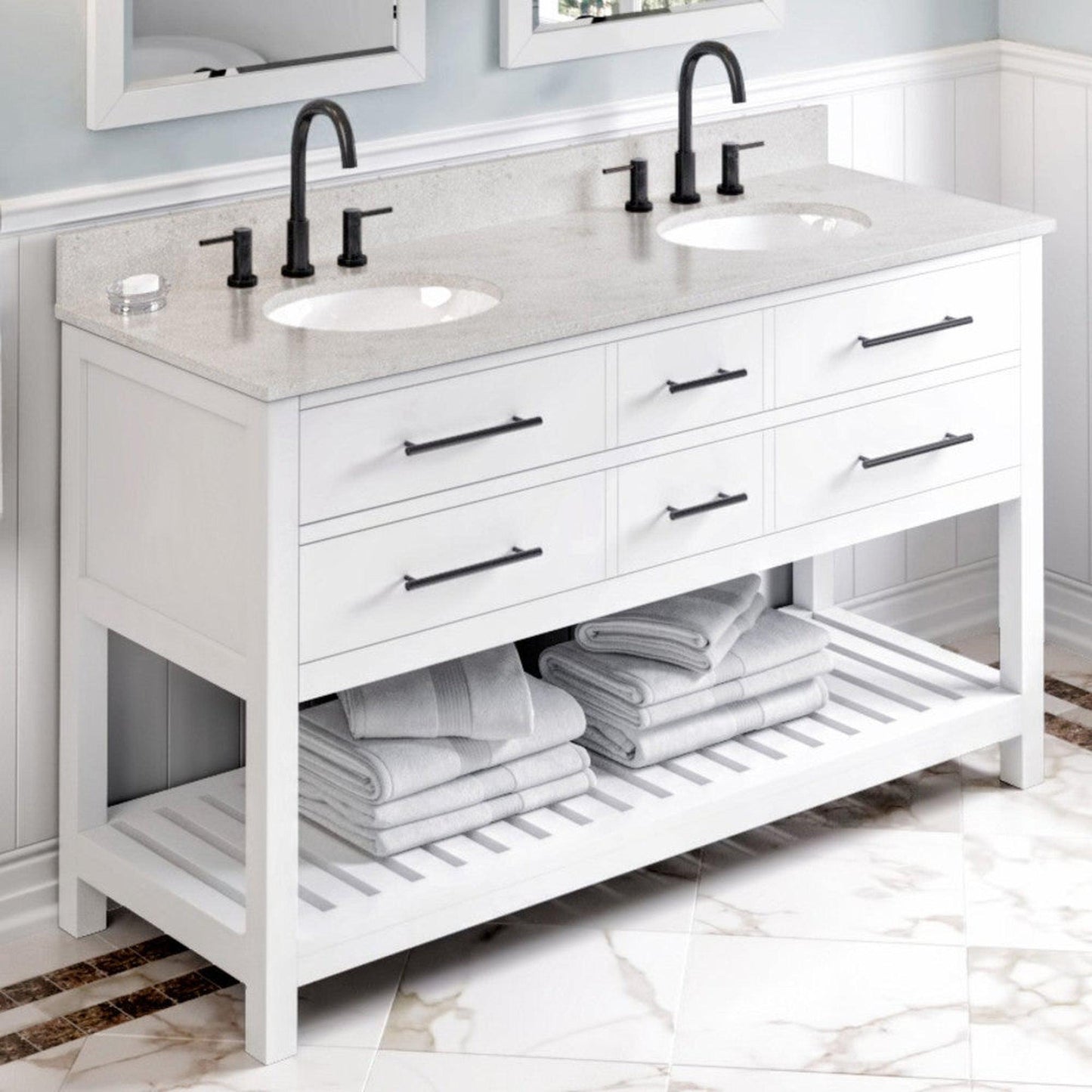 Hardware Resources Jeffrey Alexander Wavecrest 60" White Freestanding Vanity With Double Bowl, Arctic Stone Cultured Marble Vanity Top, Backsplash and Oval Undermount Sink