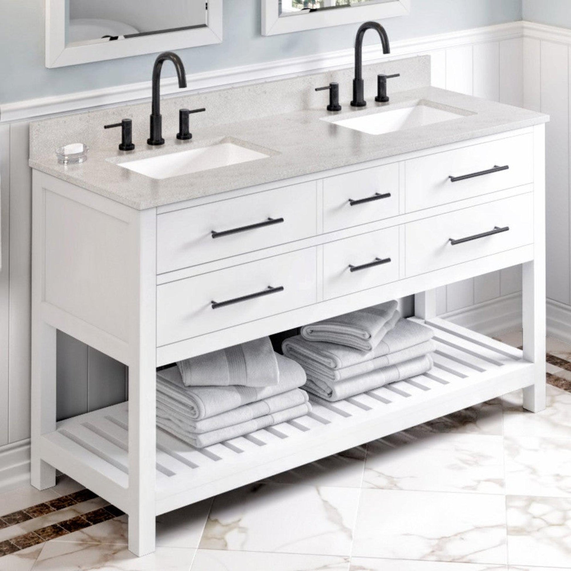 Hardware Resources Jeffrey Alexander Wavecrest 60" White Freestanding Vanity With Double Bowl, Arctic Stone Cultured Marble Vanity Top, Backsplash and Rectangle Undermount Sink