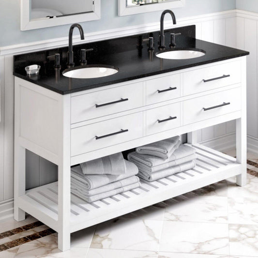 Hardware Resources Jeffrey Alexander Wavecrest 60" White Freestanding Vanity With Double Bowl, Black Granite Vanity Top, Backsplash and Oval Undermount Sink