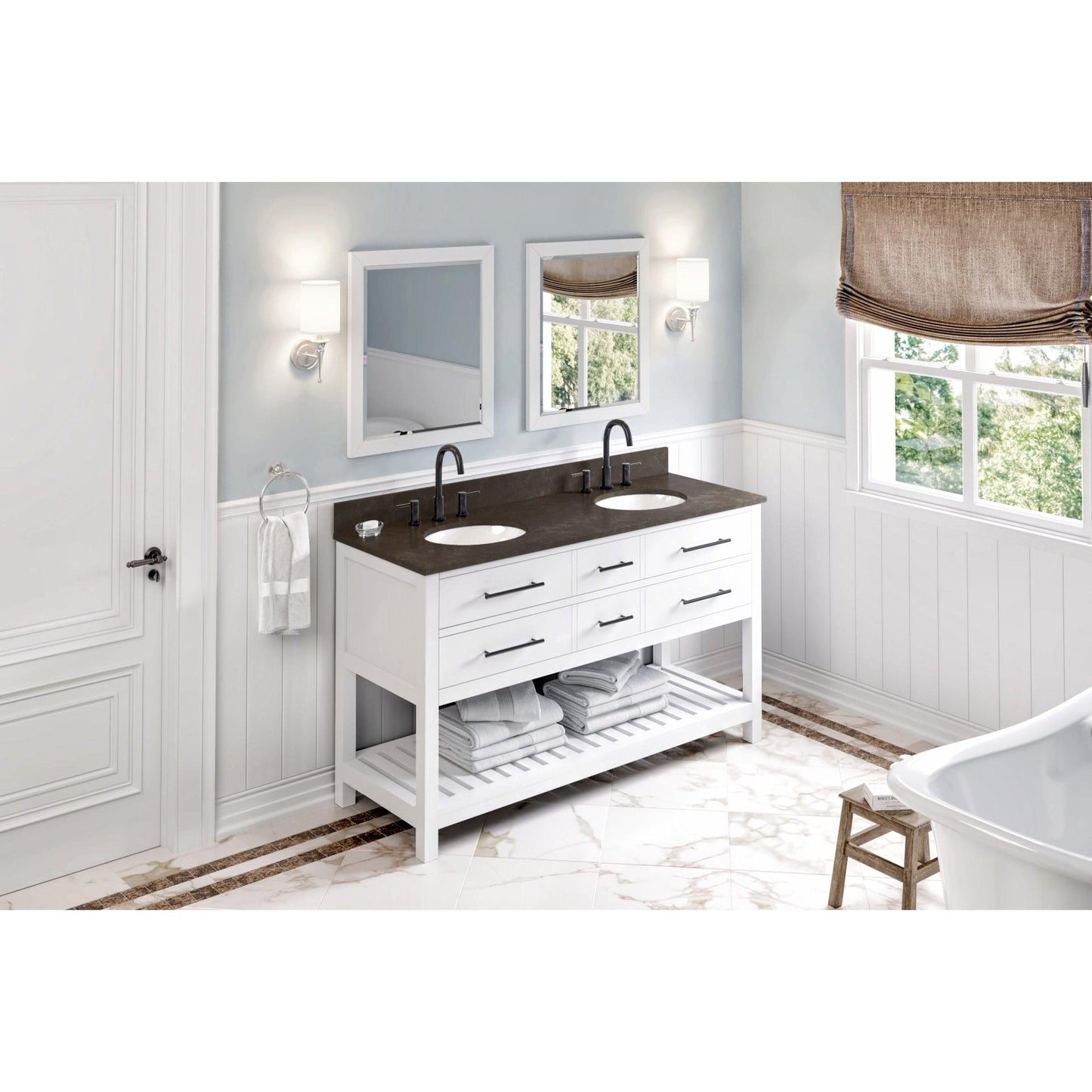Hardware Resources Jeffrey Alexander Wavecrest 60" White Freestanding Vanity With Double Bowl, Blue Limestone Vanity Top, Backsplash and Oval Undermount Sink